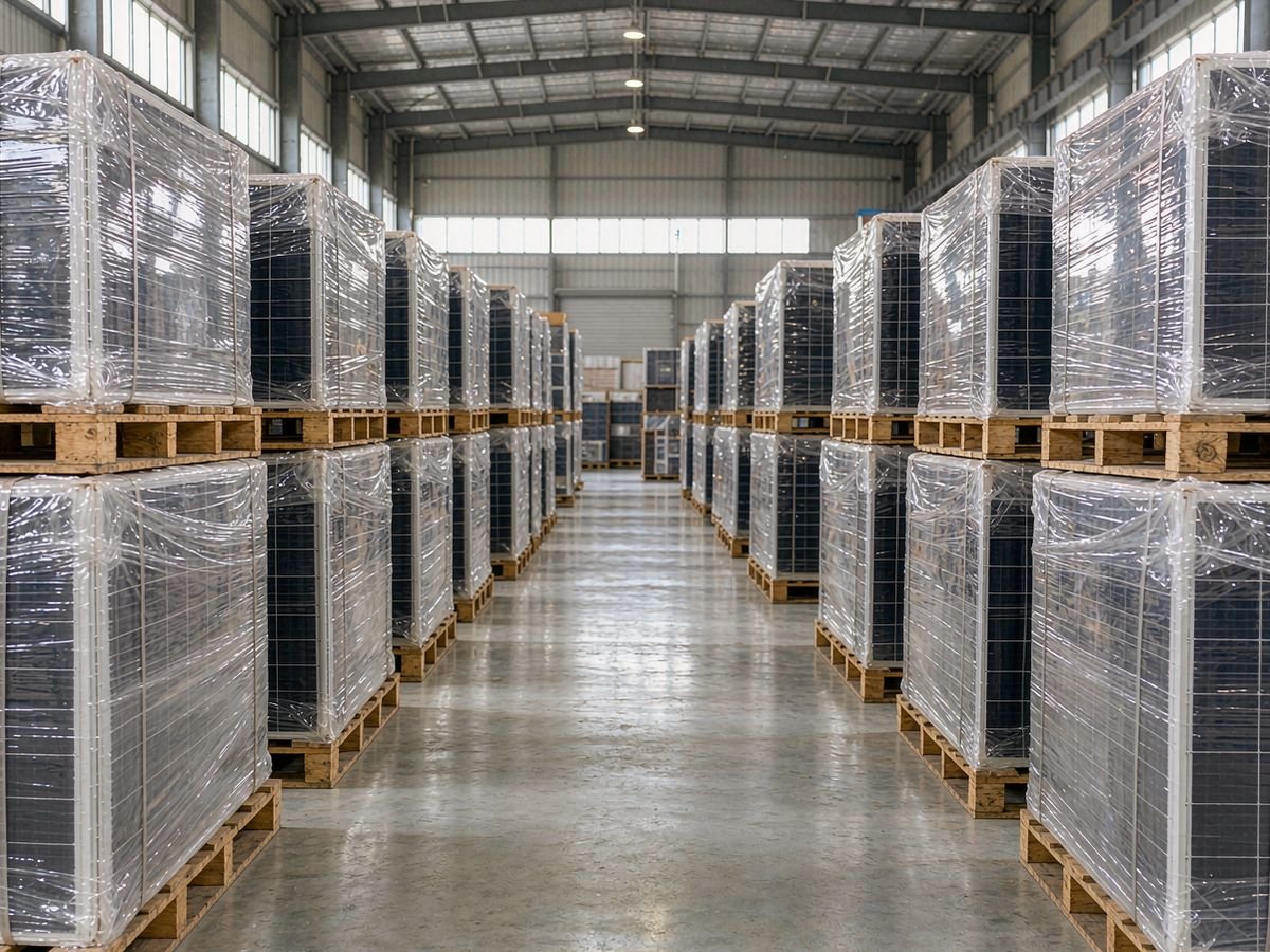 Crated solar panels on pallets in a factory export warehouse