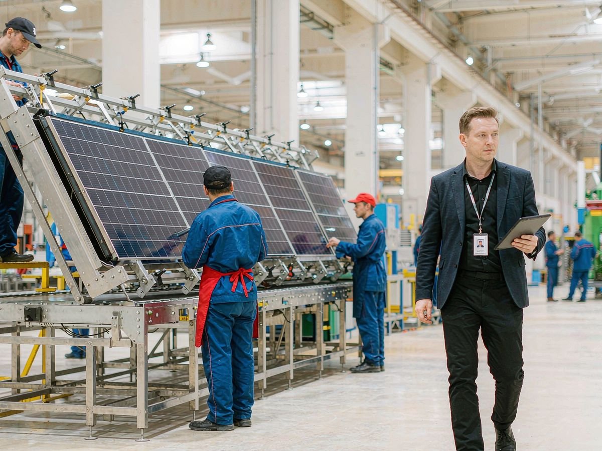 Solar factory audit on a panel production line with an auditor and checklist