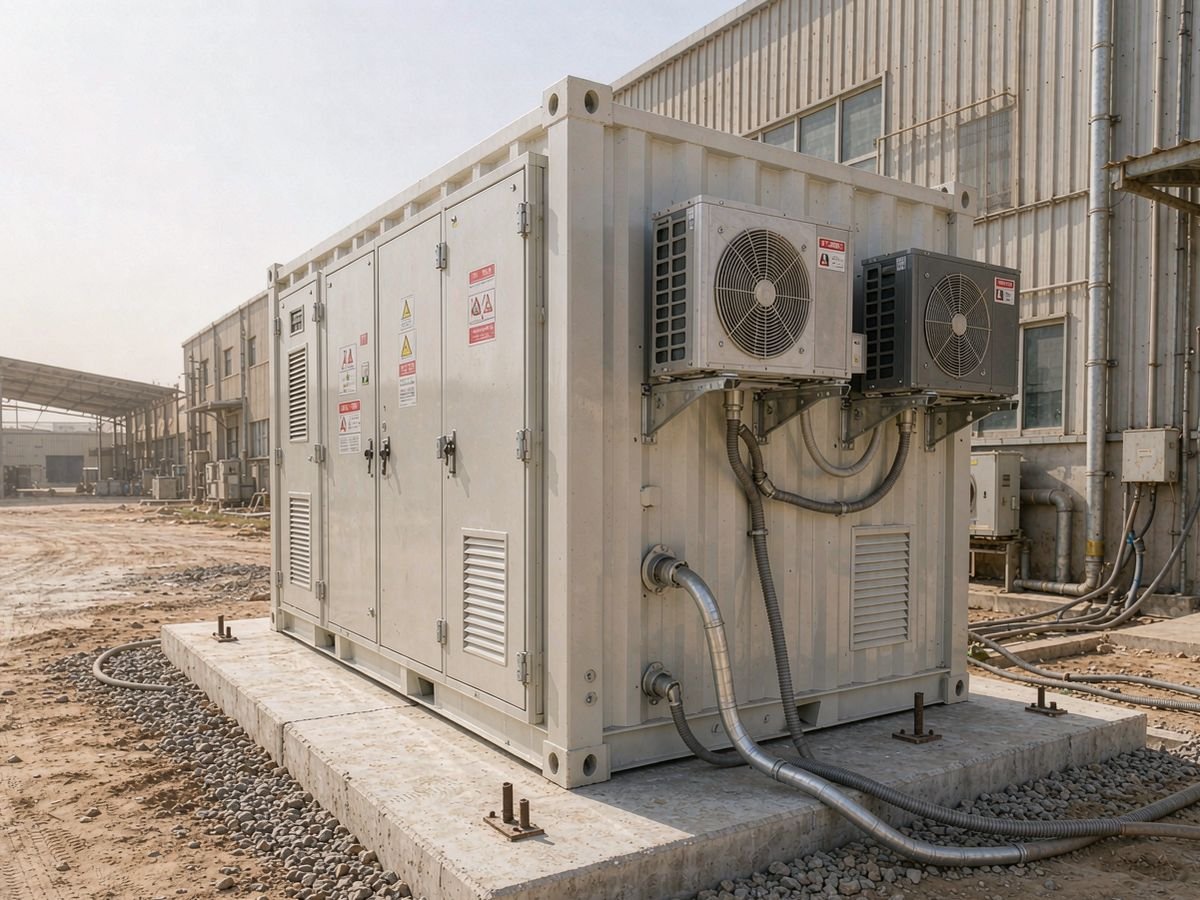 Containerized battery cabinet with air-conditioning units and fire-suppression signage beside a factory — the outdoor hardware behind BESS cost in Nigeria