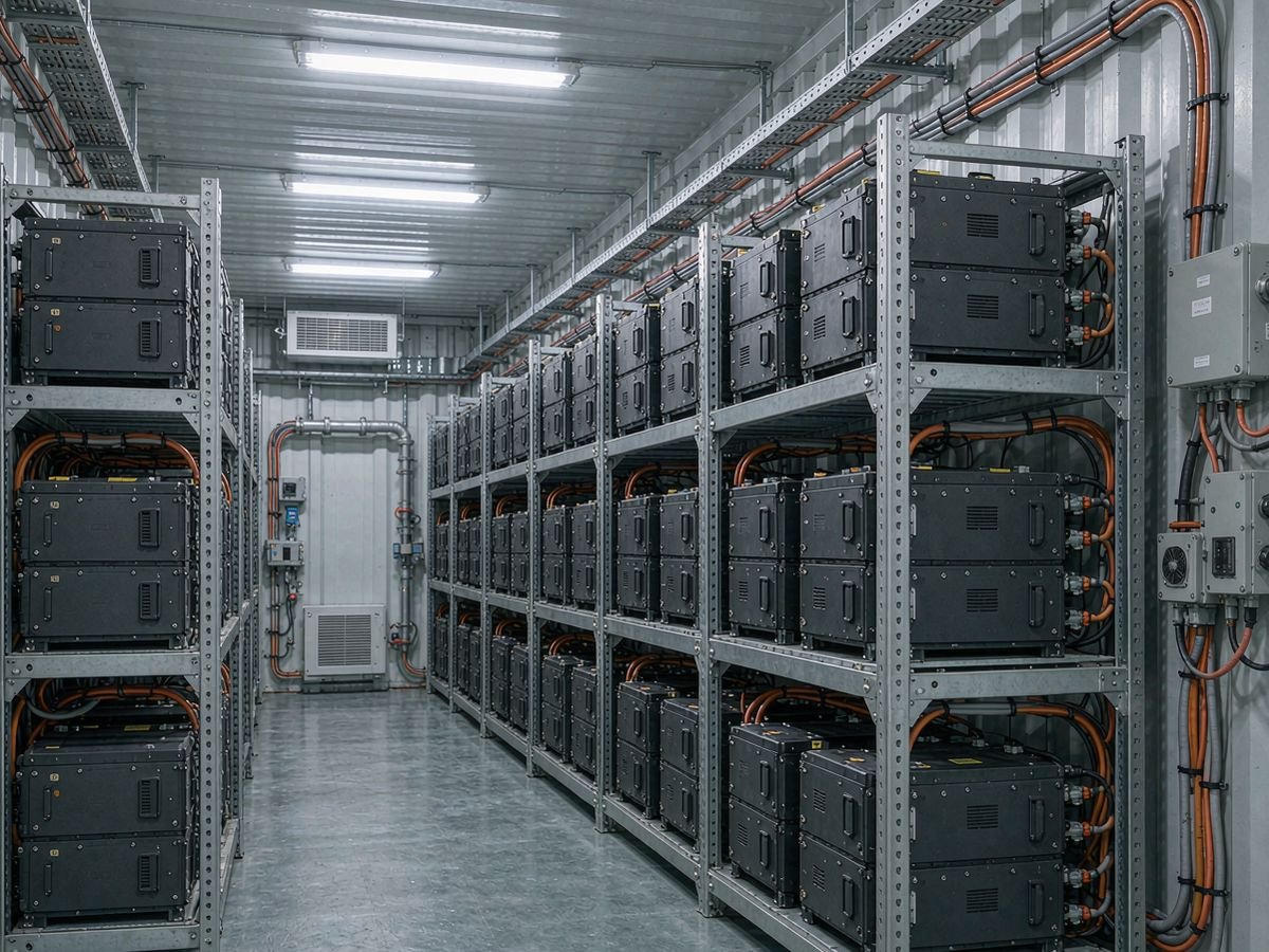 Interior of a BESS container with racks of LiFePO4 battery modules