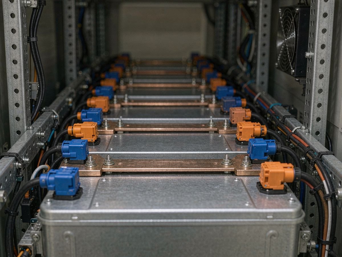 LiFePO4 battery modules and BMS wiring harness inside a BESS rack — the cells and electronics that determine BESS cost in Nigeria over its cycle life