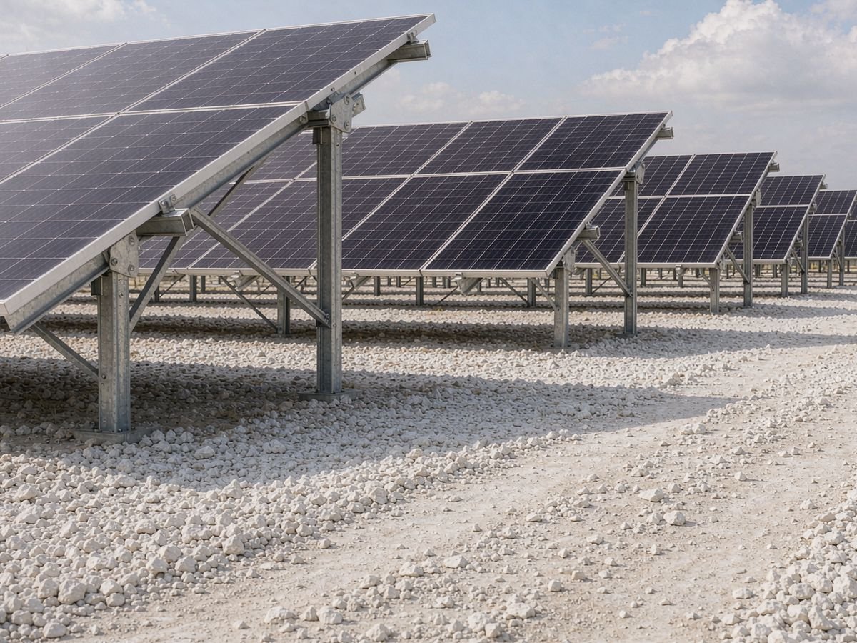 Ground-mounted solar array over white gravel for bifacial albedo gain