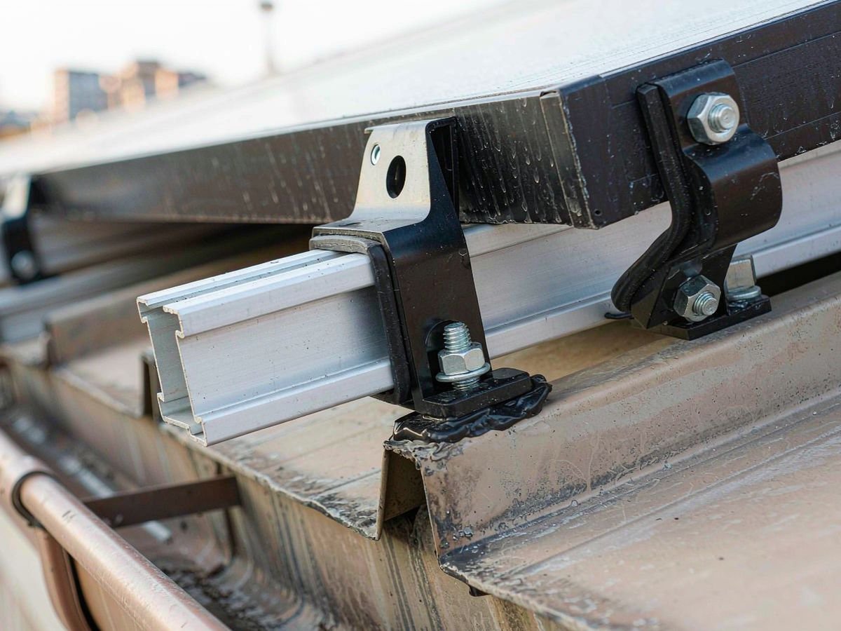 Close-up of the penetrating roof attachment and rail clamps on a hurricane resistant solar Caribbean rooftop system