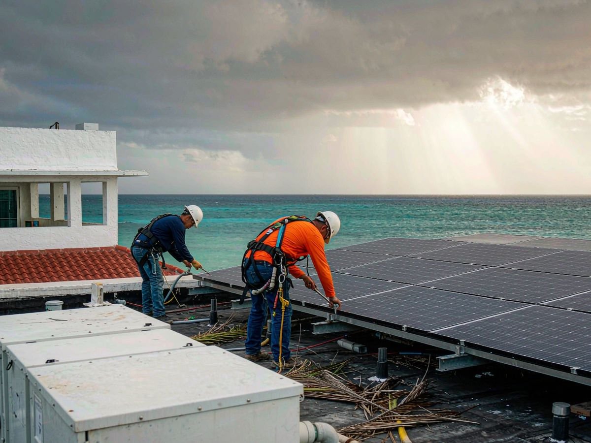Technicians inspecting a Caribbean commercial rooftop array after a storm, checking clamps and seals