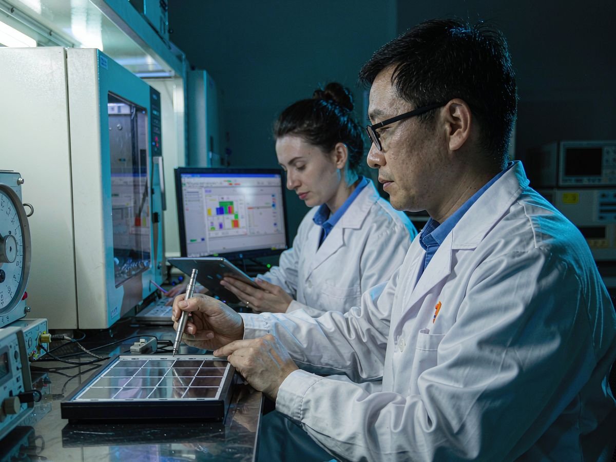 Engineer testing a solar module in a certification laboratory with instruments
