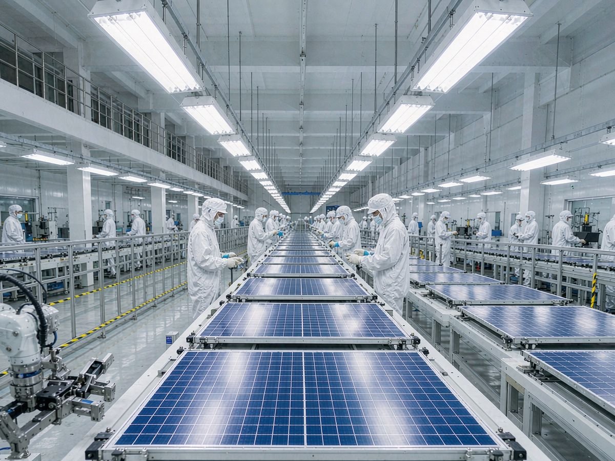 Solar panel production line inside a Chinese factory: workers in clean-room uniforms inspecting monocrystalline modules on the assembly line