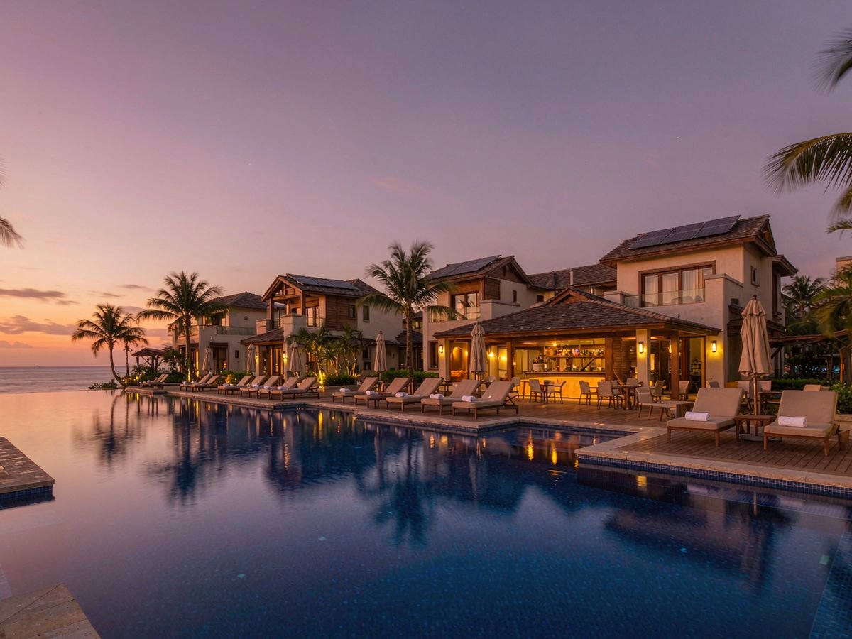 Quiet beachfront resort pool at dusk with solar panels on the villa roofs — no generator noise after dark