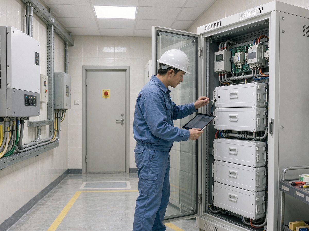 Hybrid solar inverter and LiFePO4 battery cabinet in a resort plant room, technician checking the system