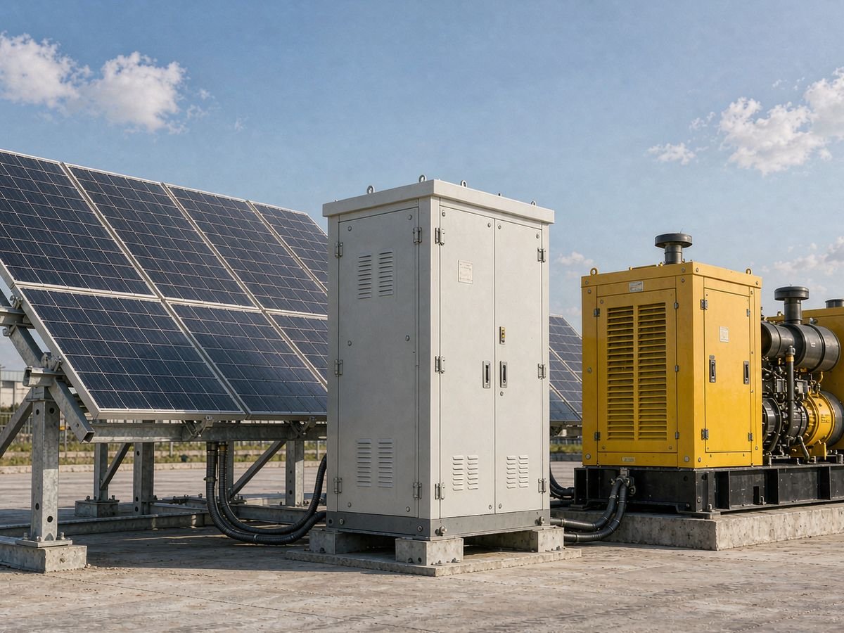 Hybrid solar system with panels, battery cabinet and backup diesel generator side by side