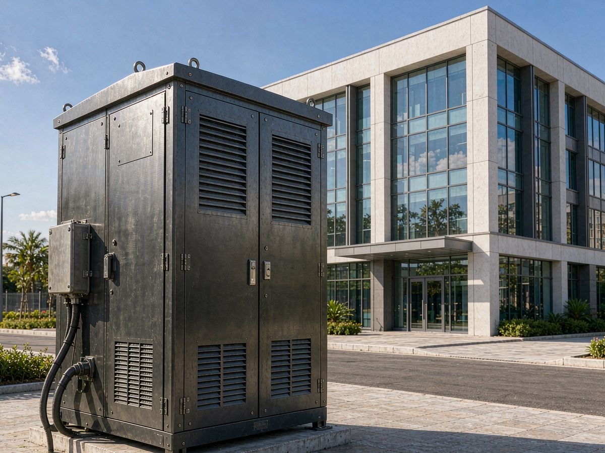 Battery storage cabinet beside a Kenyan commercial building