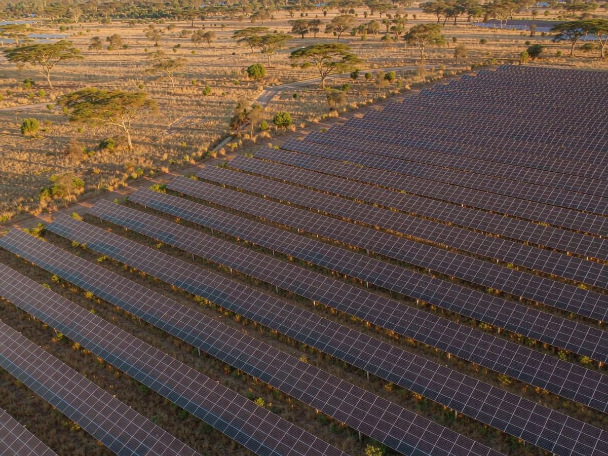 Ground-mounted solar farm on the Kenyan savanna, aerial view