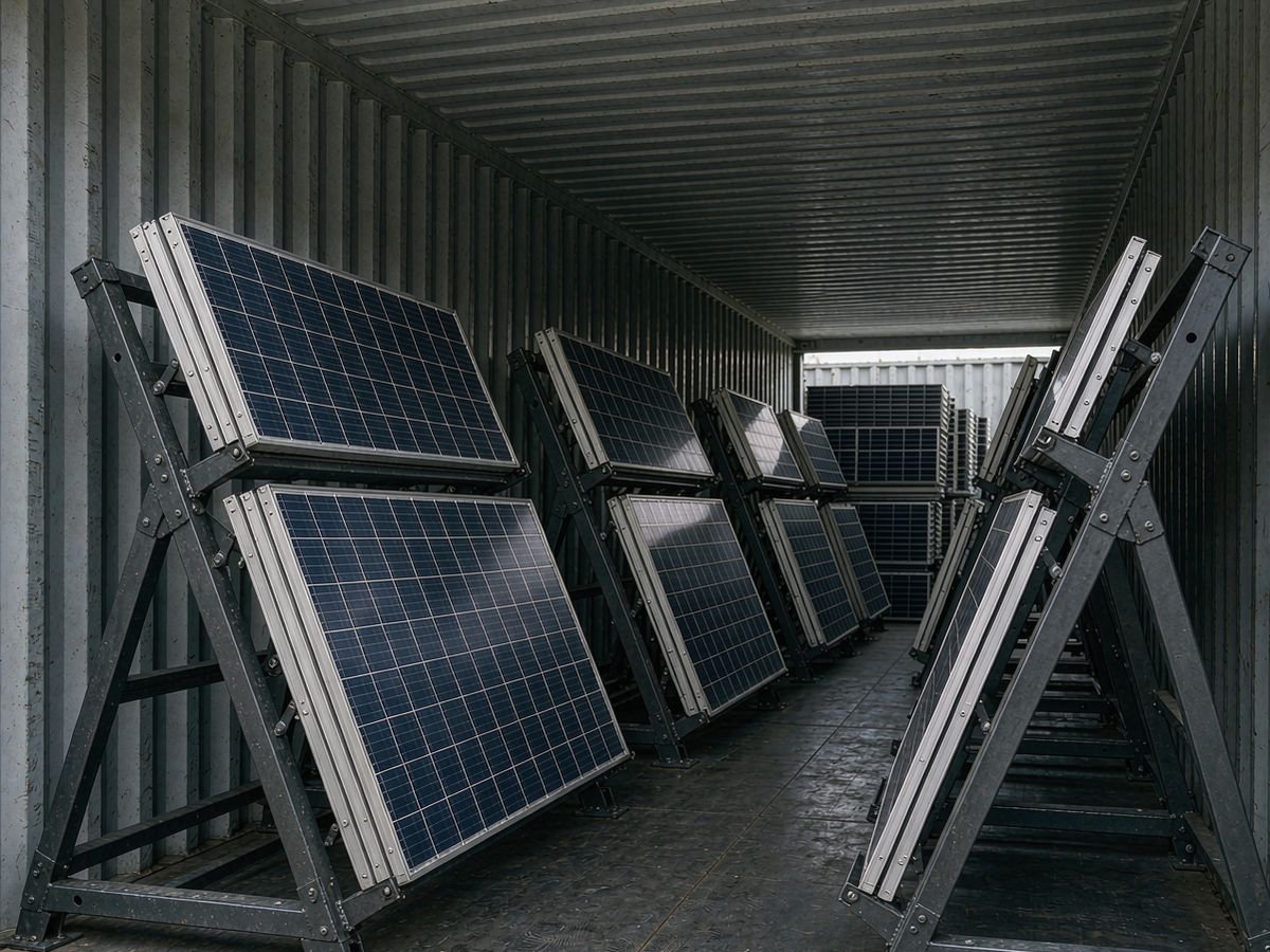 Shipping solar panels by container with panels stacked on A-frame racks