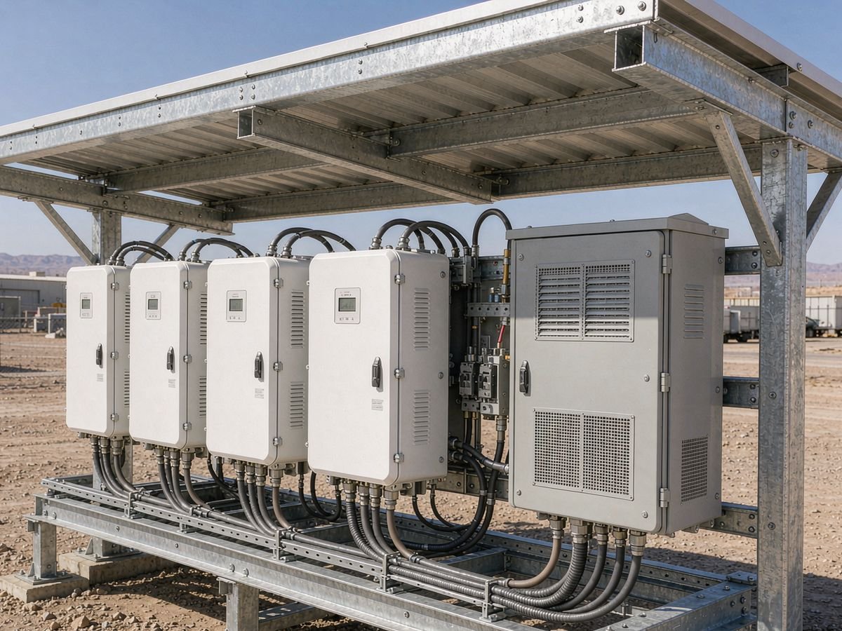 Inverter and combiner cabinet installed with shading and ventilation at a hot-climate desert site