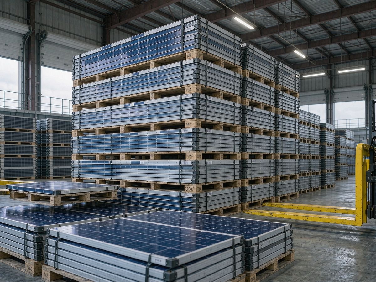 Stacked solar panel pallets with a forklift in an export warehouse