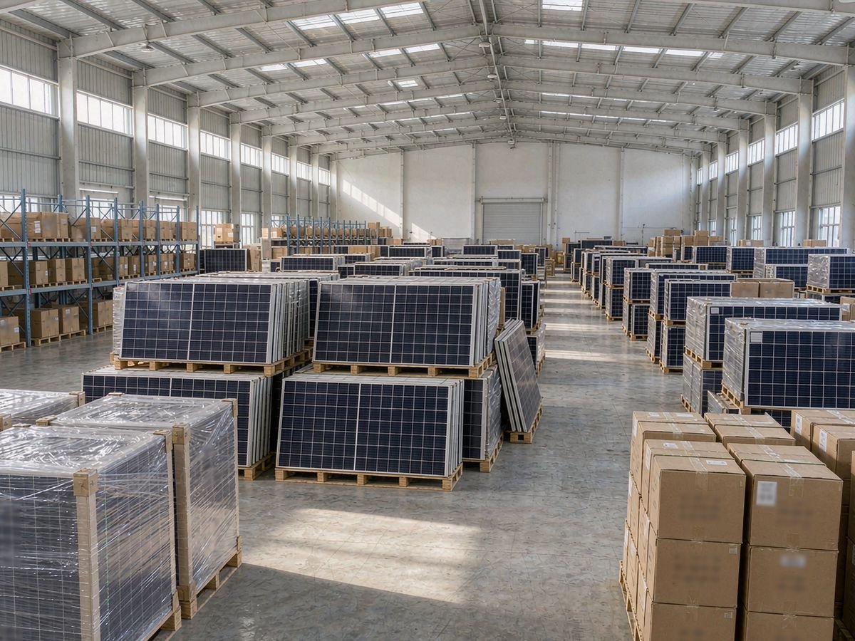 Large finished-goods warehouse with pallets of solar panels