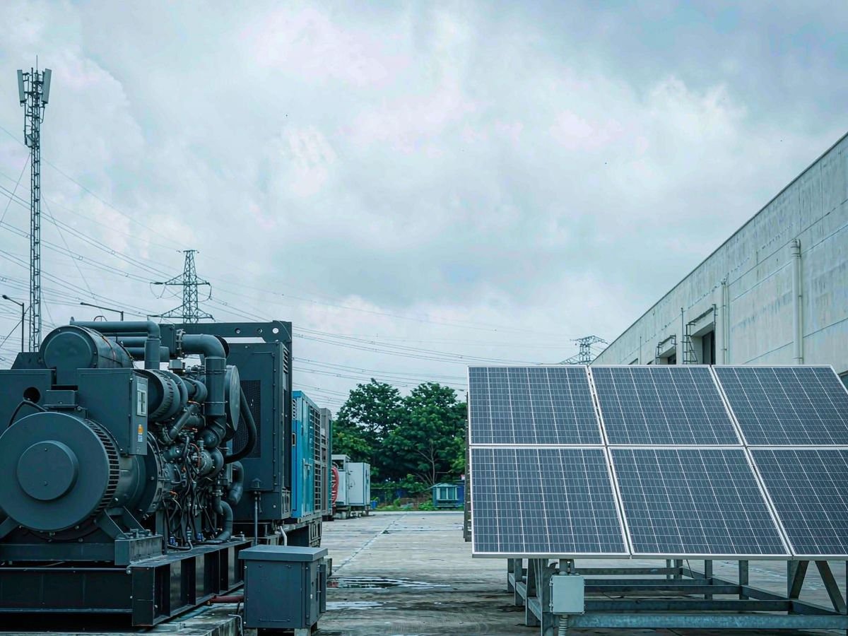 Solar system for agro-processing: a diesel generator standing beside a solar array at a Nigerian processing plant