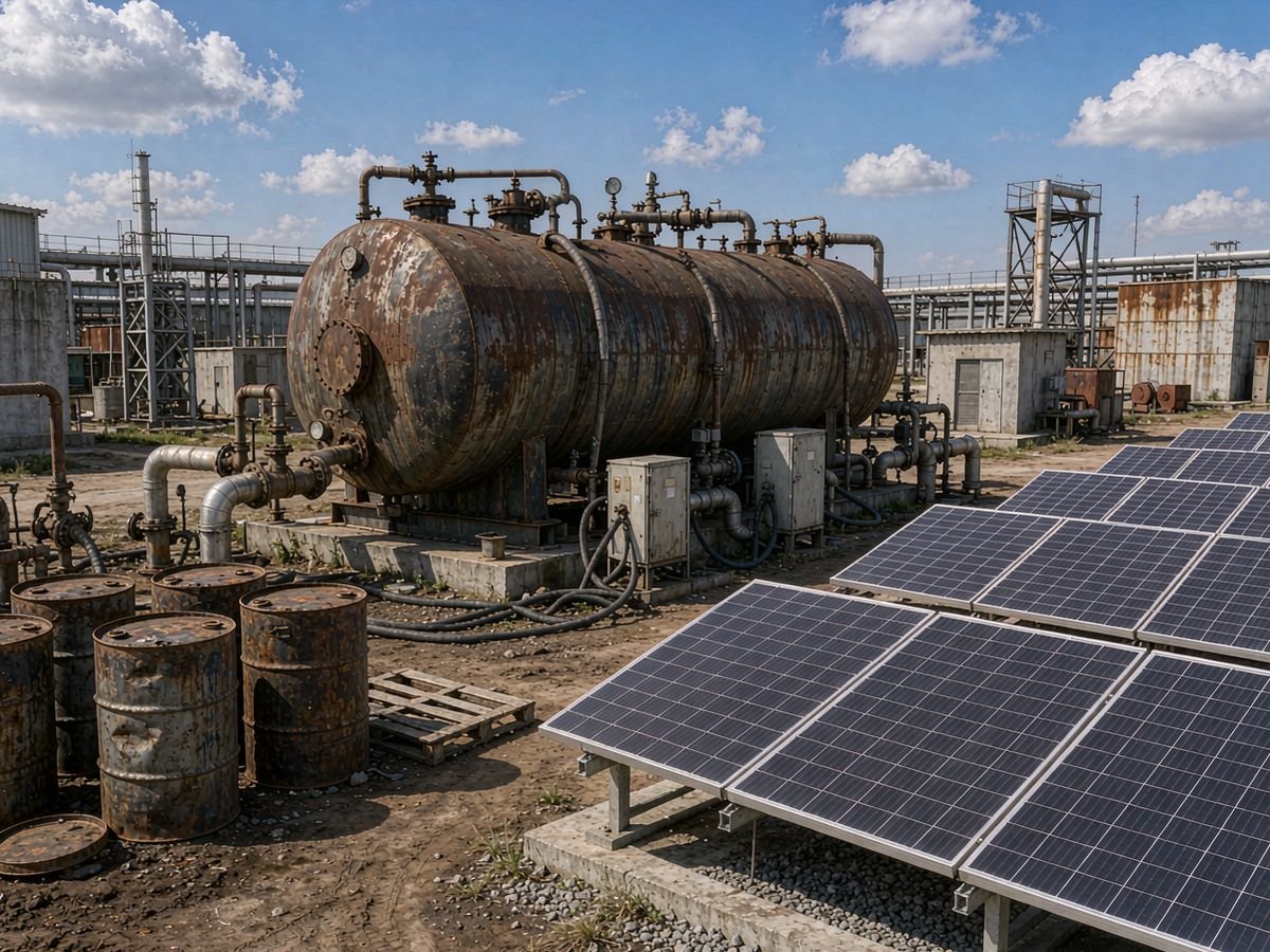 Diesel fuel drums and tank beside solar panels at an industrial site