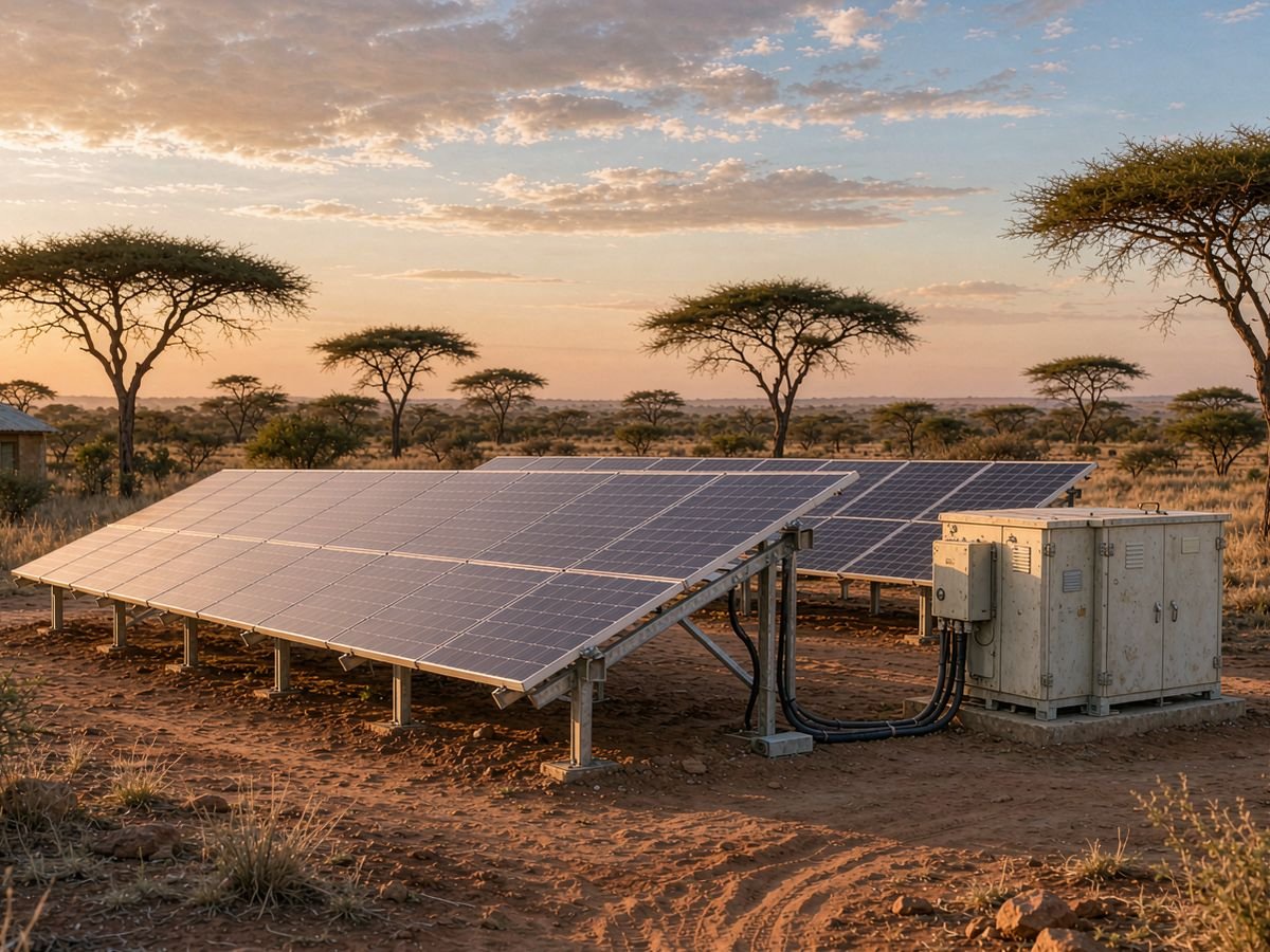 Off-grid vs hybrid vs on-grid solar: remote off-grid site with solar array and battery bank in rural Africa