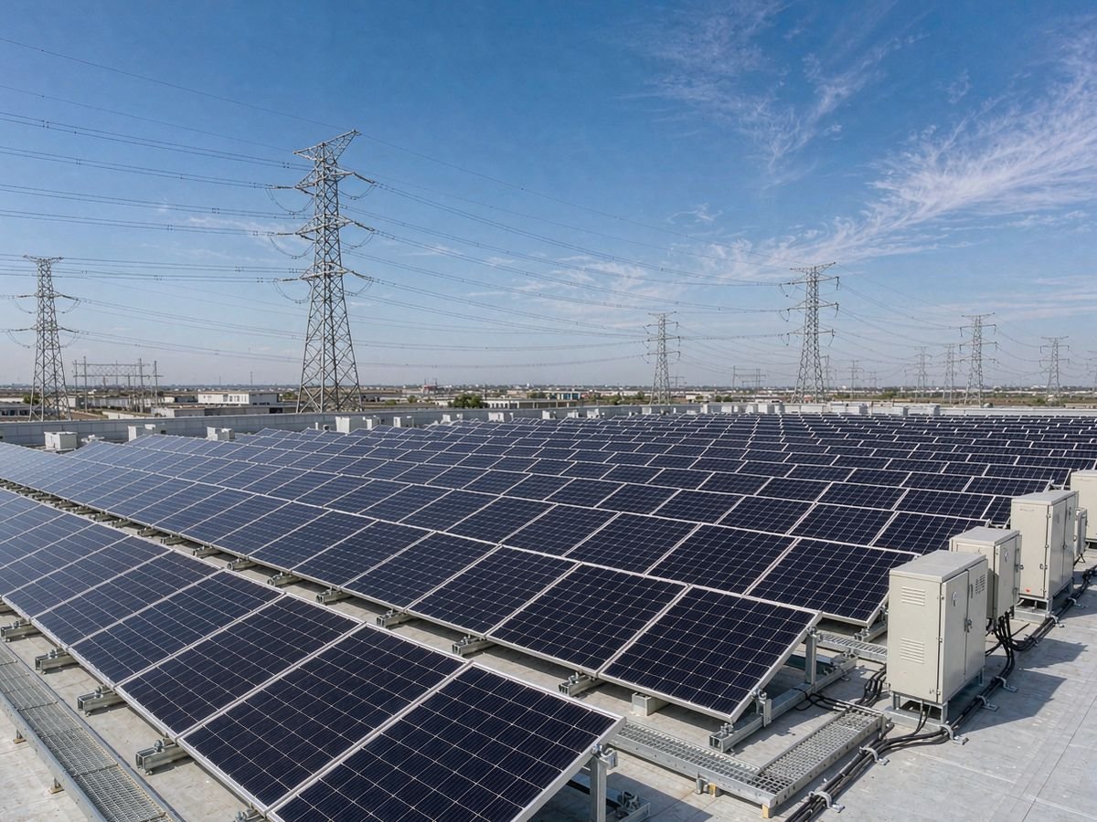 Grid-tied commercial rooftop solar array with high-voltage transmission lines in the background