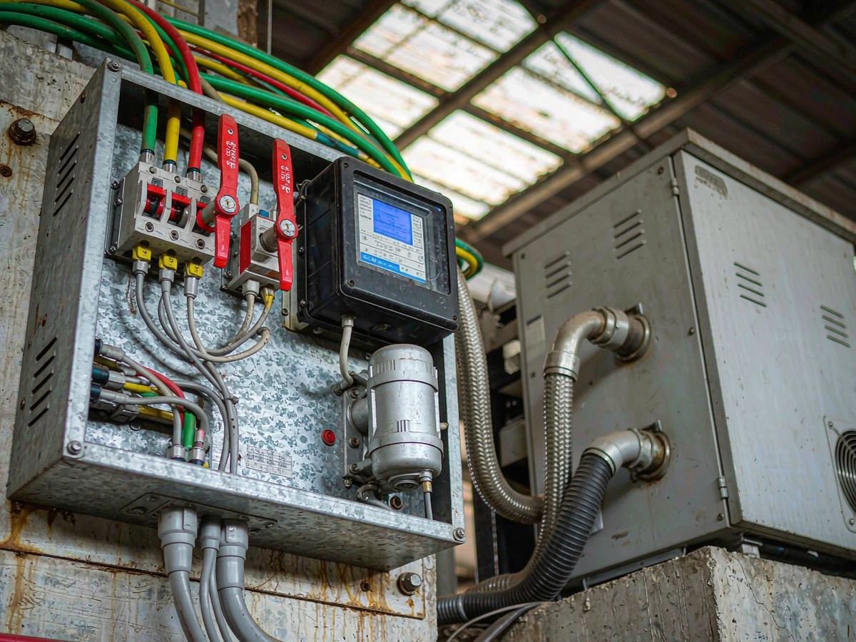 Solar power system price in the Philippines: bidirectional net metering meter and commercial inverter on a factory electrical room wall