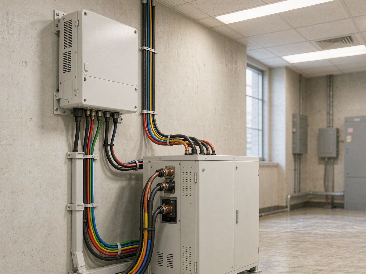 Hybrid inverter and battery cabinet in a Philippine building plant room