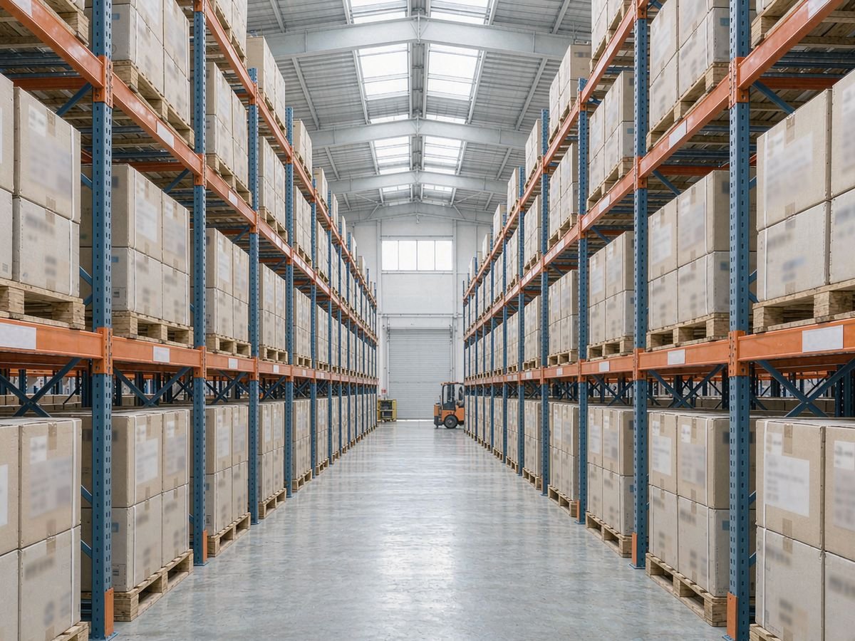 Warehouse interior in the Philippines with solar panel stock on racks
