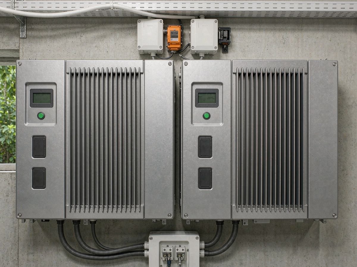 Row of three-phase hybrid inverters on a plant room wall