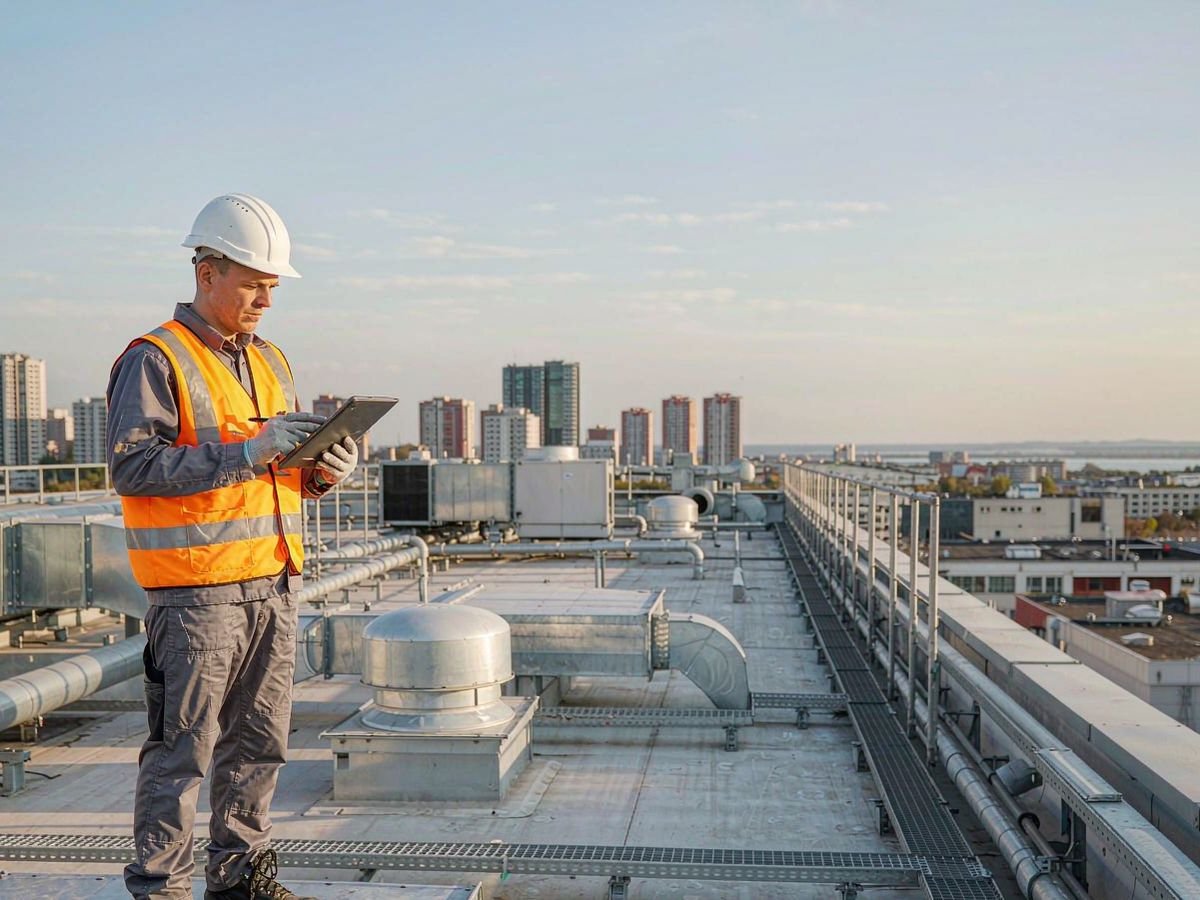 Commercial solar power system sizing: engineer performing a rooftop site survey on a large building