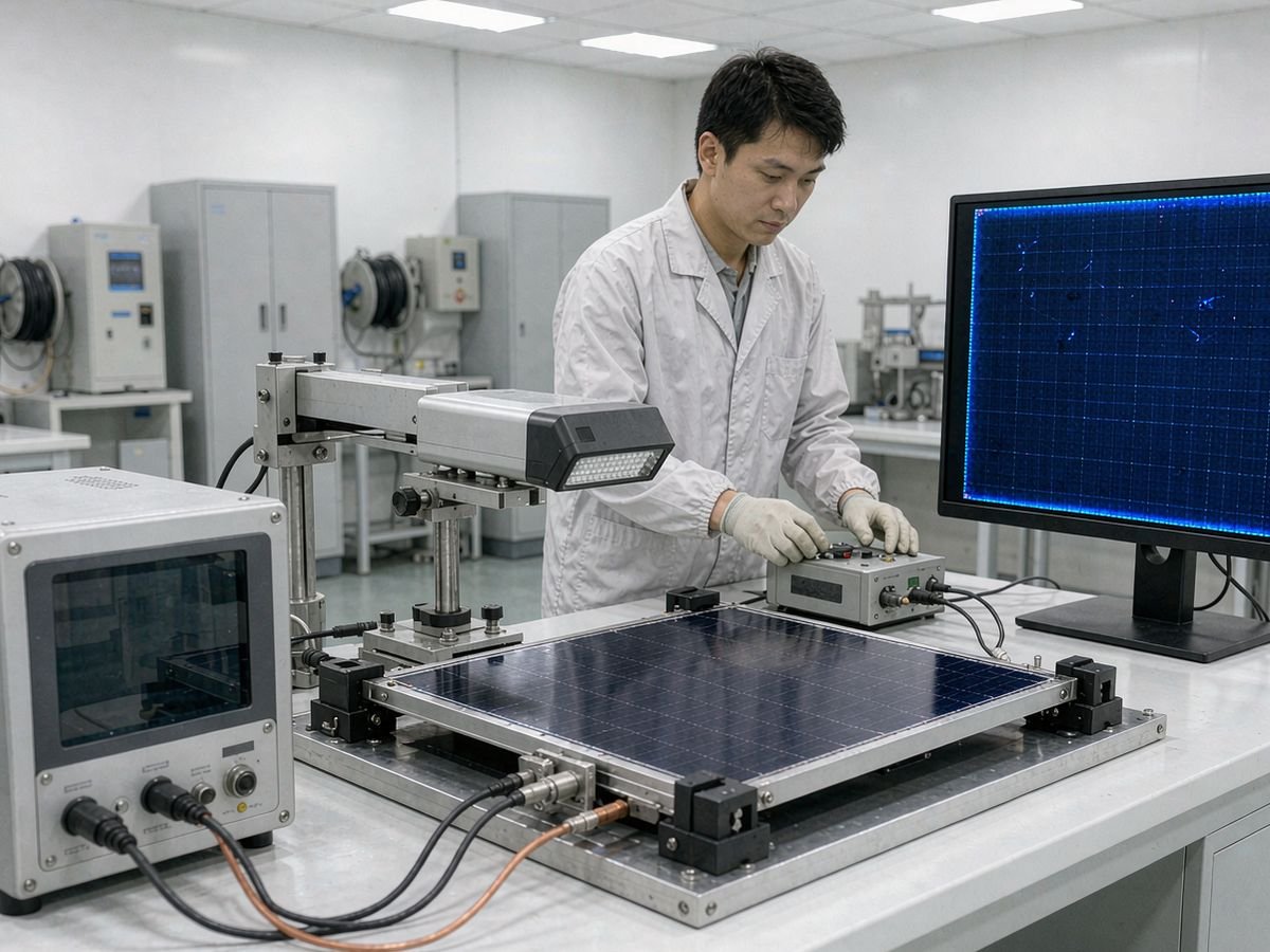 Reliable solar power system supplier: solar panel flash test in a factory quality lab