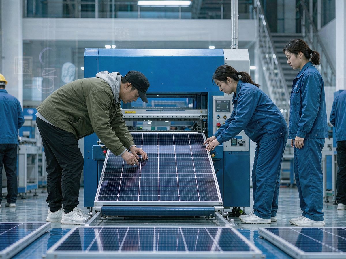 Buyer inspecting solar panels on a factory production line with staff