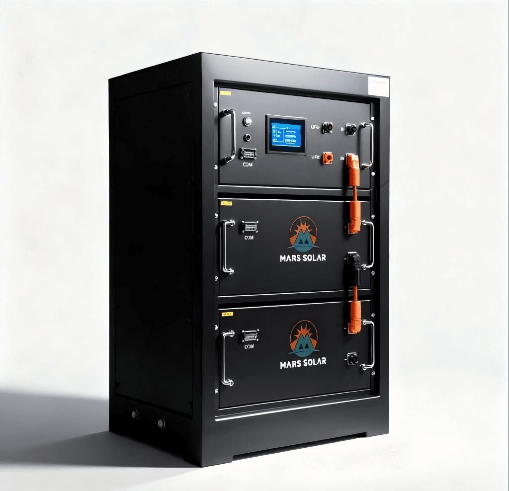 Rack battery wiring, inverter and BMS detail during factory quality control