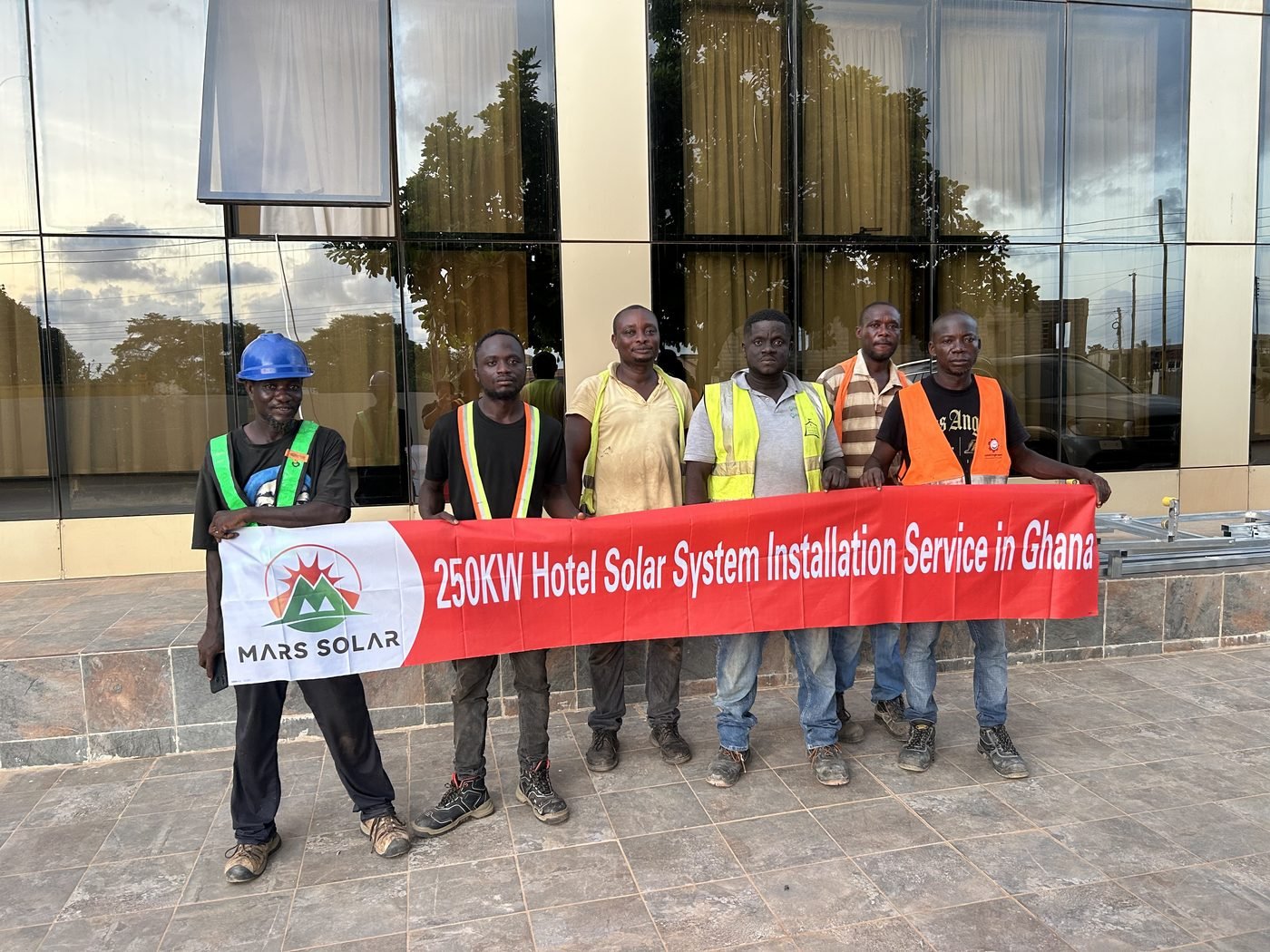 Mars Solar installation team on site of the 250kW hotel solar project in Ghana
