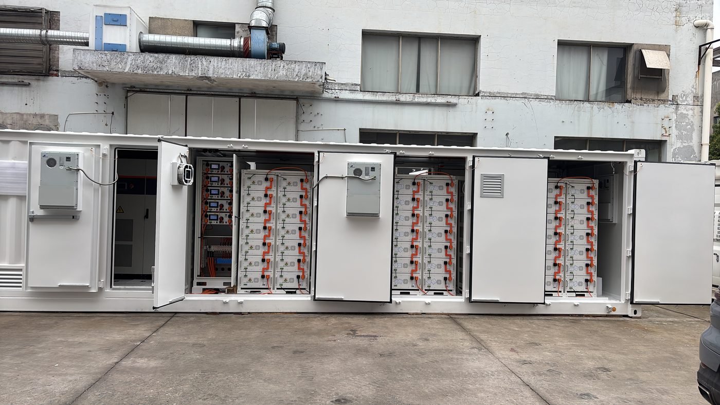 Containerised units of the 6MW solar storage system in Nigeria, doors open