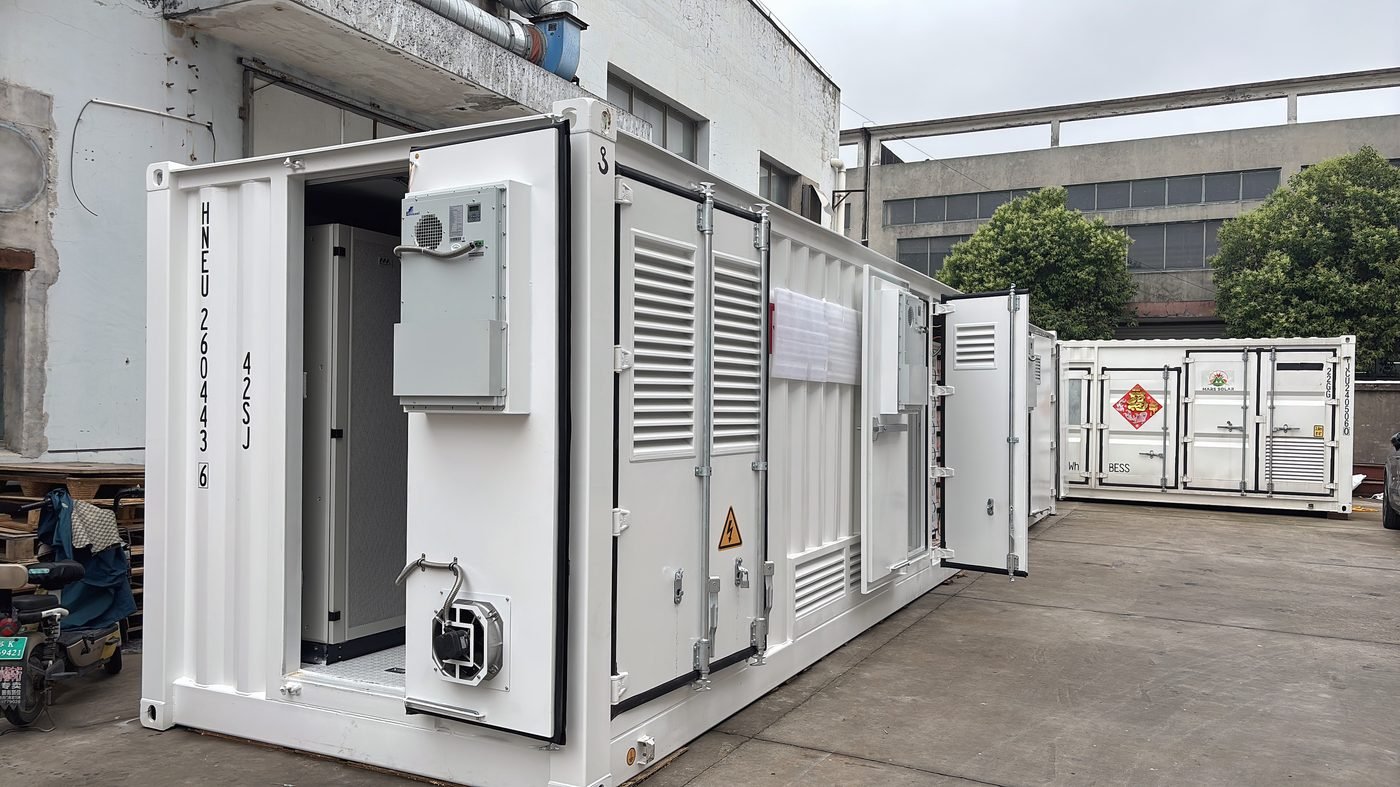 Battery racks inside a container of the 6MW solar storage system
