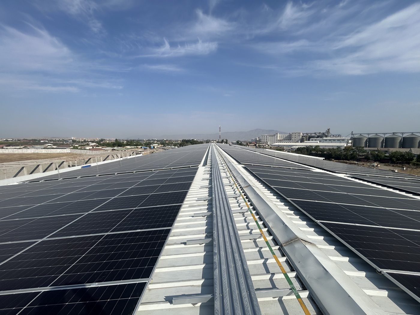Panorama of the rooftop solar system for factory at commissioning